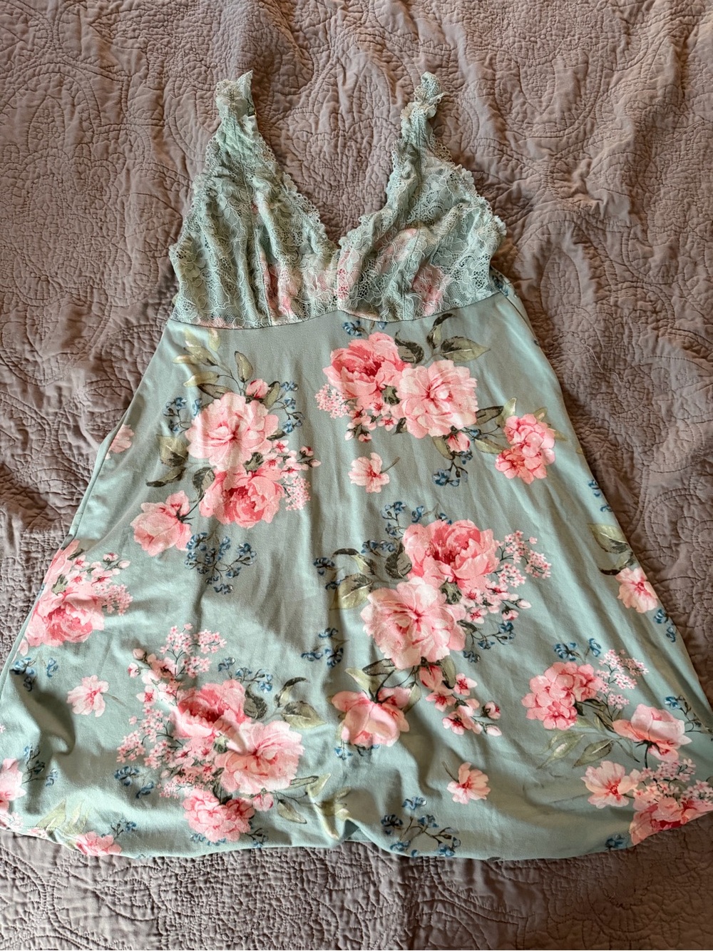 Flora Nikrooz Mint Floral Lace Trim Chemise with Pink Roses
